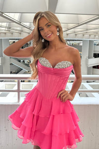 Beaded Sweetheart Hot Pink Corset Short Ruffle Dress
