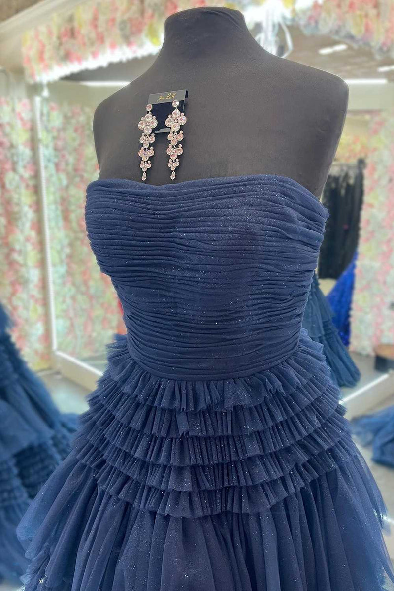 Champagne Strapless A-line Multi-Layers Tulle Long Prom Dress with Slit