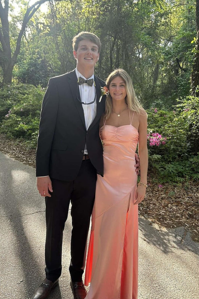 Double Straps Peach Ruched Long Dress with Slit