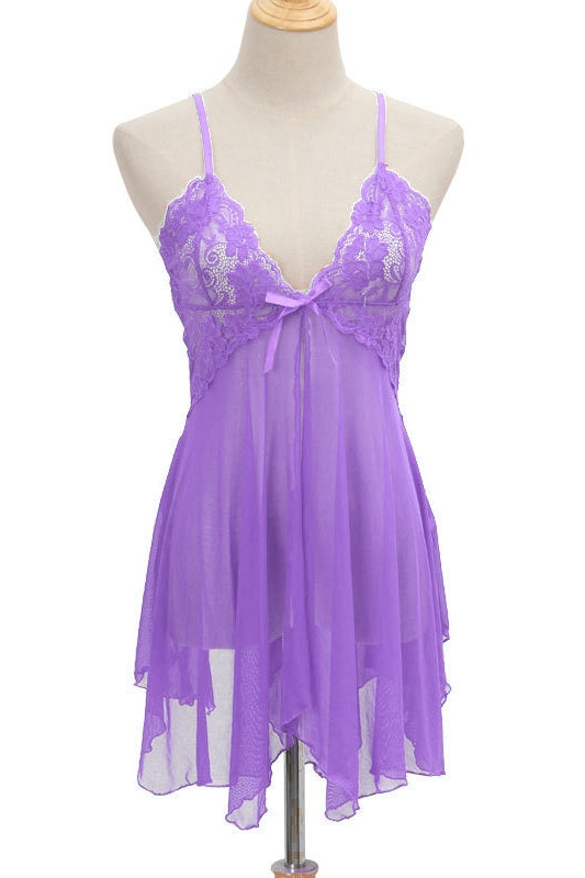 Lavender Tulle Deep V Neck Straps Lingerie