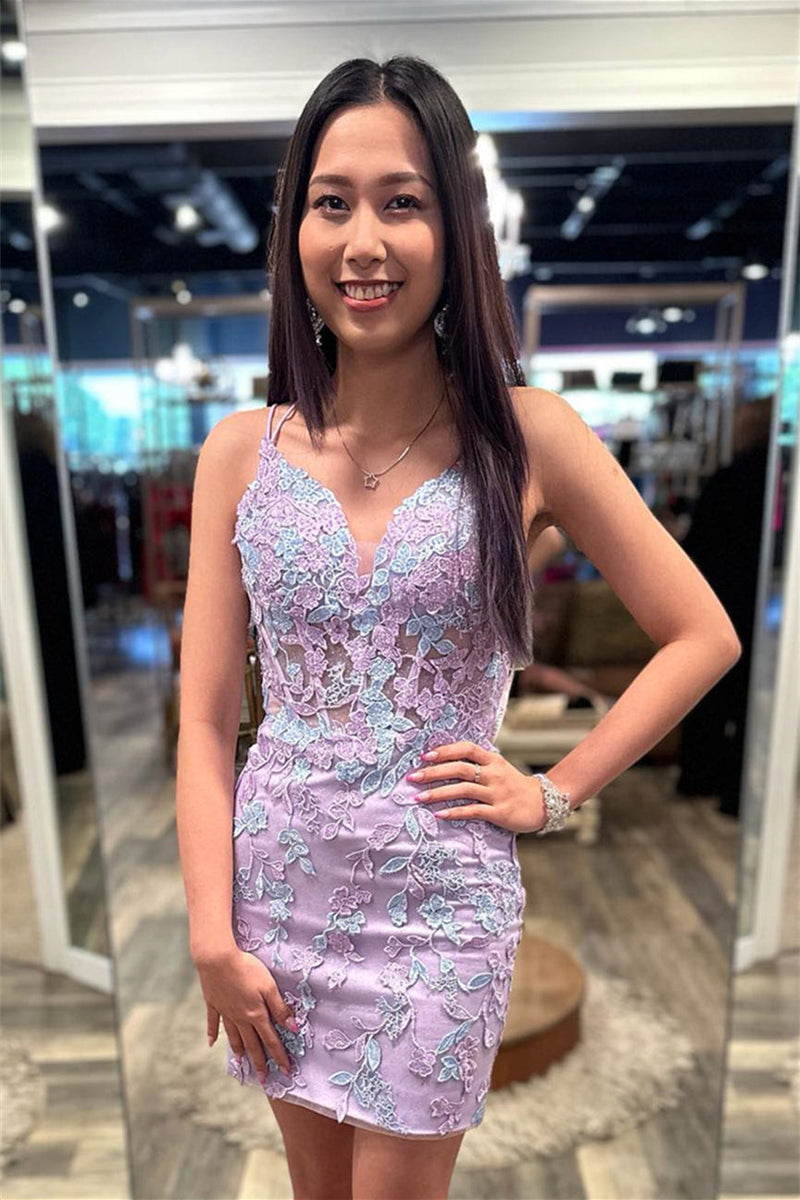 Lilac Sheath Appliques V Neck Double Straps Homecoming Dress