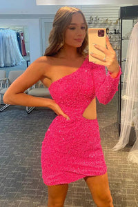 Purple Sequin One-Sleeve Cutout Short Homecoming Dress