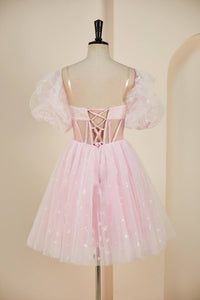 Pink A-line Strapless Homecoming Dress with Detachable Sleeves