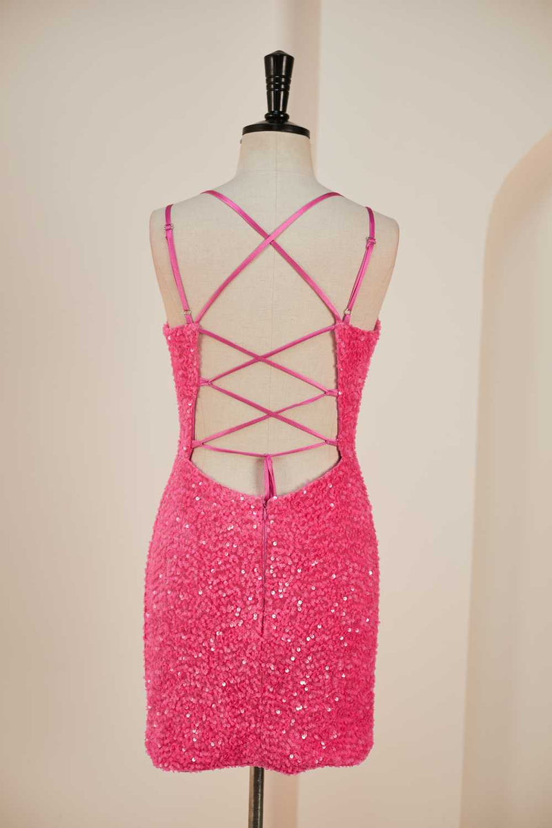 Hot Pink Sequins Sheath Deep V Neck Lace-Up Homecoming Dress