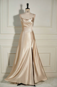 Champagne Cowl Neck Straps A-line Satin Long Prom Dress with Slit