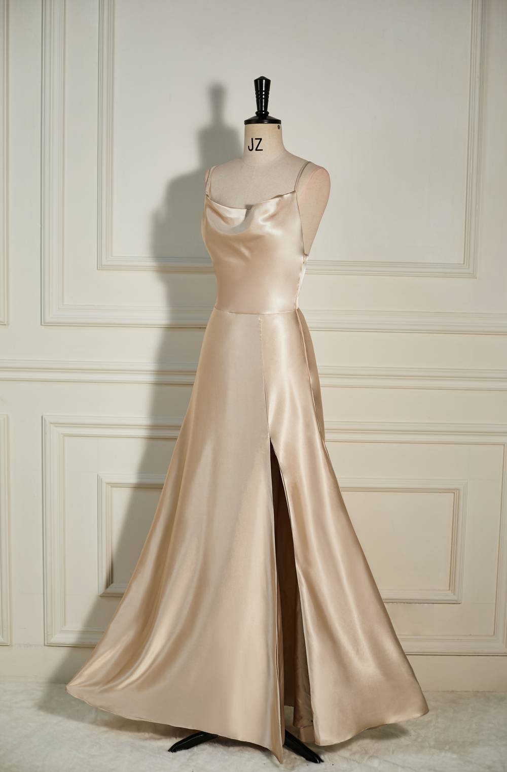 Champagne Cowl Neck Straps A-line Satin Long Prom Dress with Slit