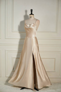 Champagne Cowl Neck Straps A-line Satin Long Prom Dress with Slit