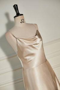 Champagne Cowl Neck Straps A-line Satin Long Prom Dress with Slit