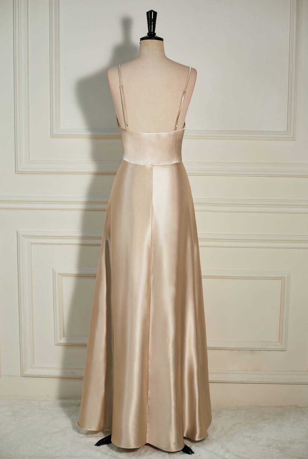 Champagne Cowl Neck Straps A-line Satin Long Prom Dress with Slit
