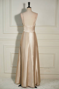 Champagne Cowl Neck Straps A-line Satin Long Prom Dress with Slit