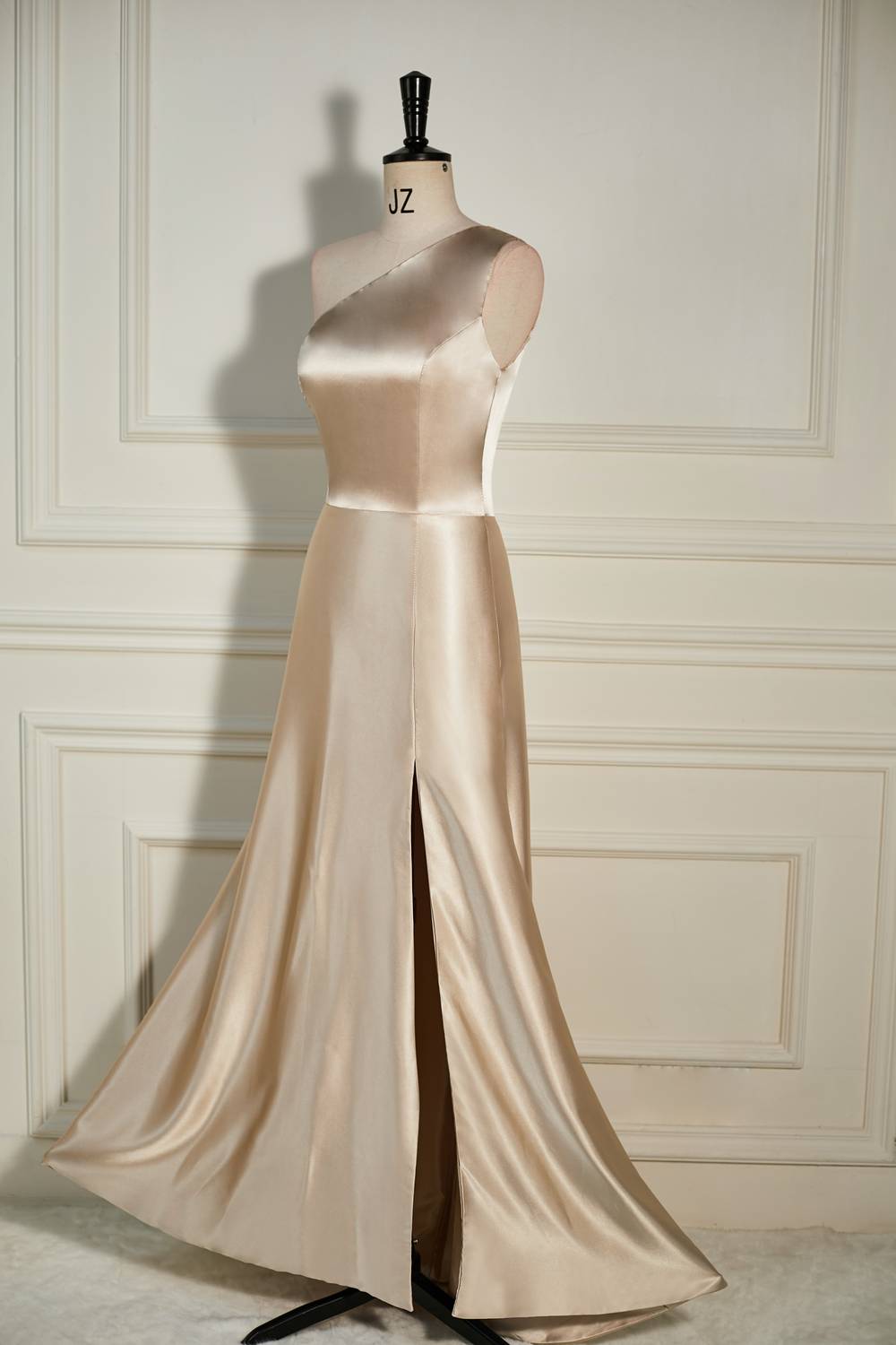 Champagne One Shoulder A-line Satin Long Prom Dress with Slit