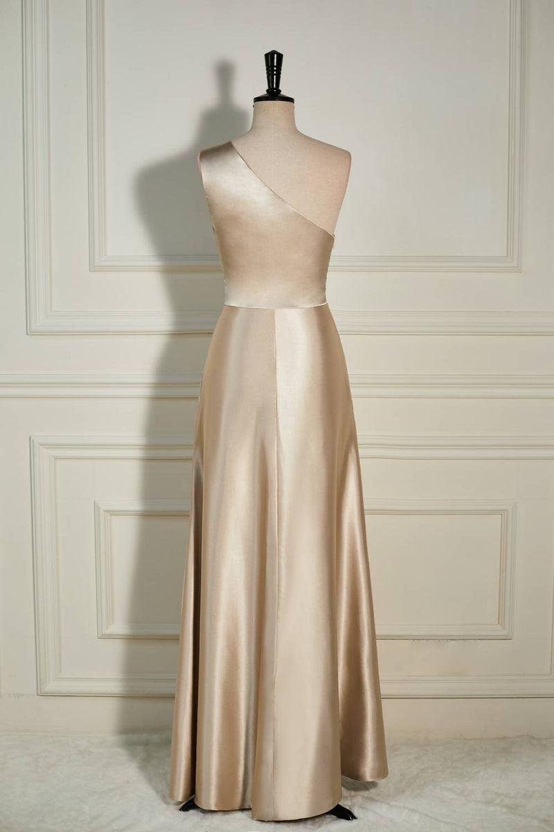 Champagne One Shoulder A-line Satin Long Prom Dress with Slit