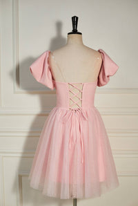 Pink Plunging V Neck Dot Lace-Up A-line Homecoming Dress
