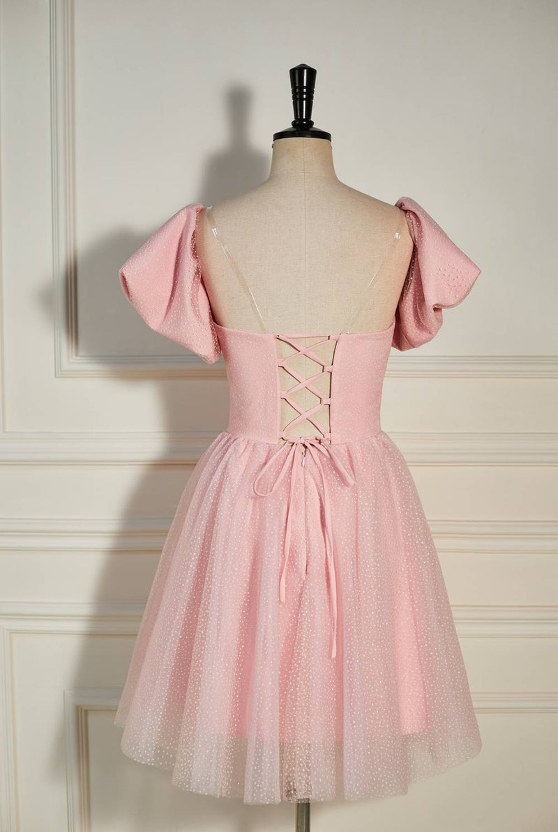Pink Plunging V Neck Dot Lace-Up A-line Homecoming Dress
