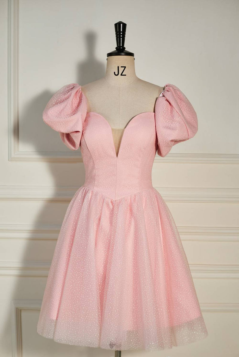 Pink Plunging V Neck Dot Lace-Up A-line Homecoming Dress