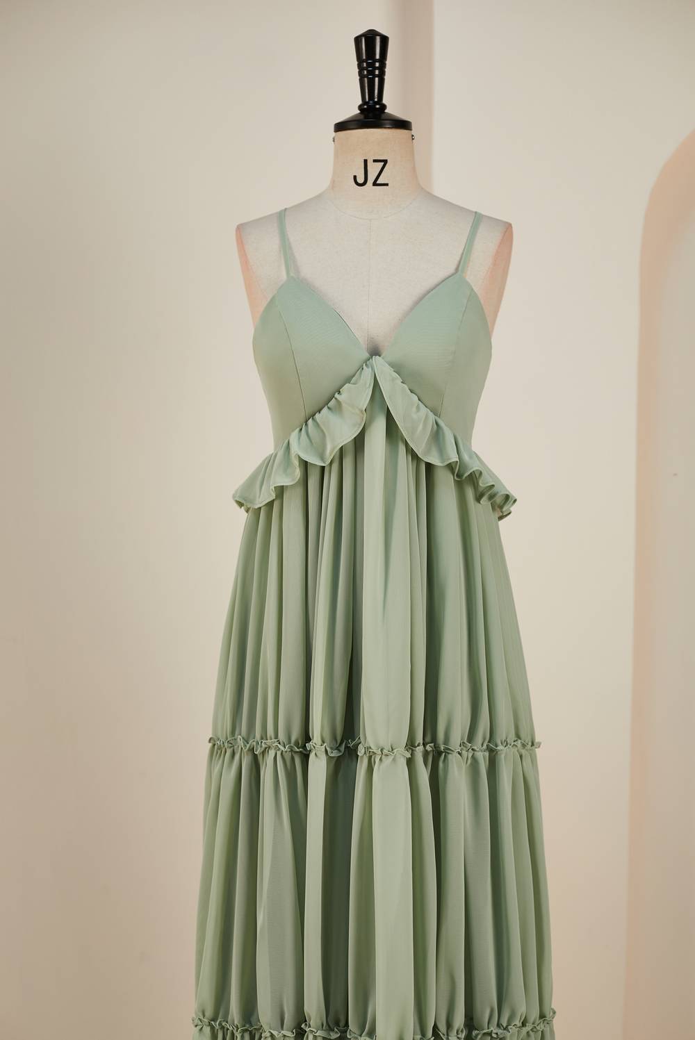 Dusty Sage Lace-Up Deep V Neck Ruffled Empire Long Prom Dress