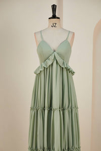 Dusty Sage Lace-Up Deep V Neck Ruffled Empire Long Prom Dress