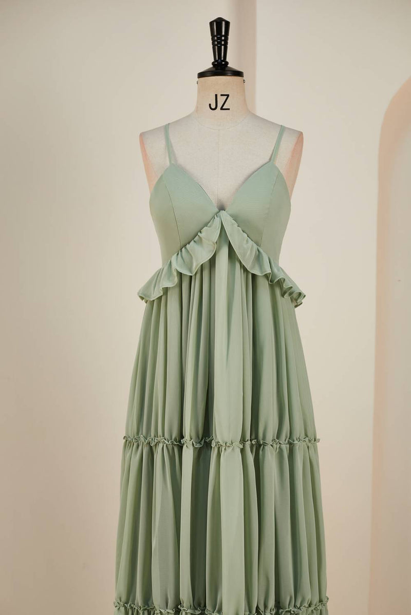 Dusty Sage Lace-Up Deep V Neck Ruffled Empire Long Prom Dress