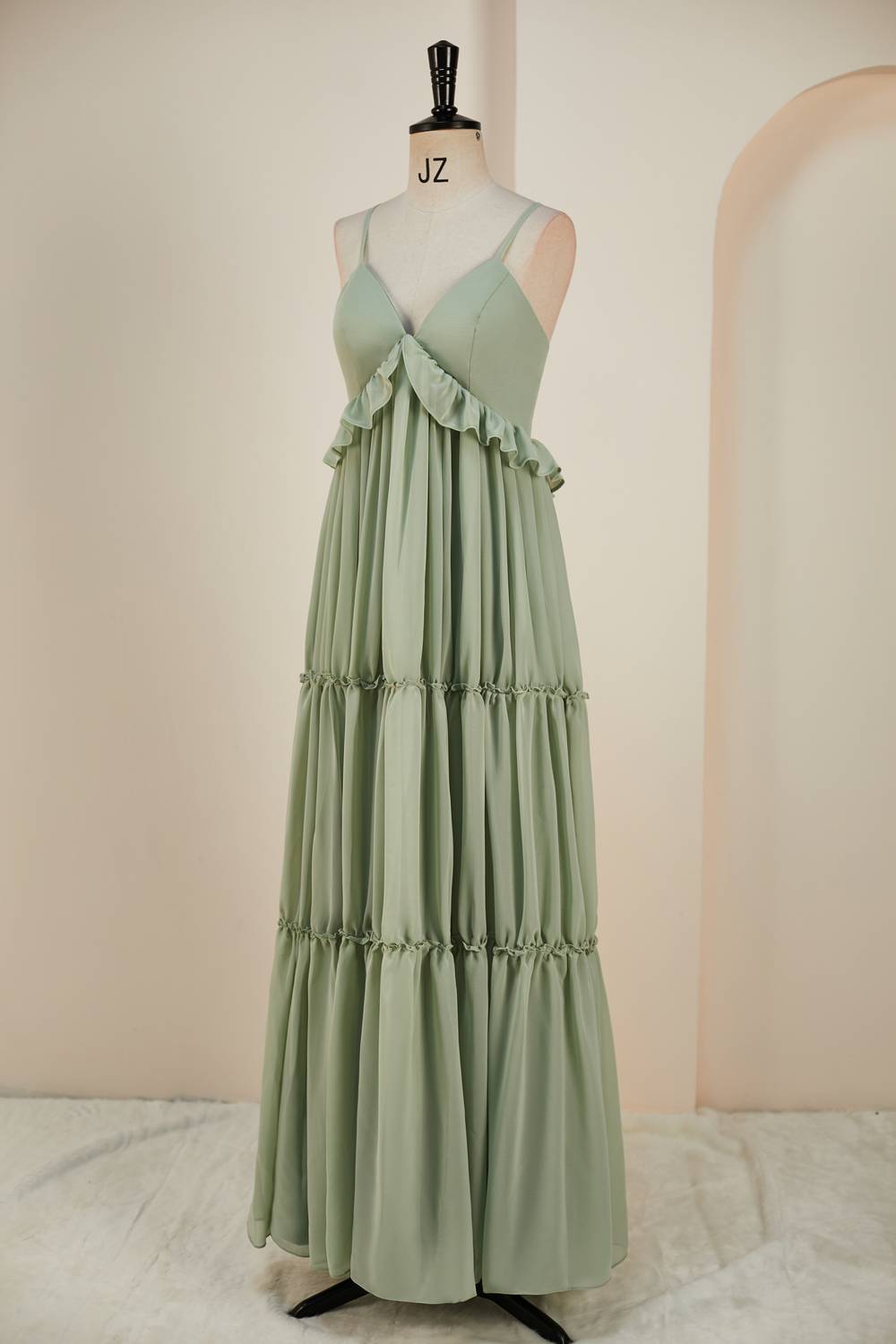 Dusty Sage Lace-Up Deep V Neck Ruffled Empire Long Prom Dress