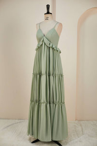 Dusty Sage Lace-Up Deep V Neck Ruffled Empire Long Prom Dress