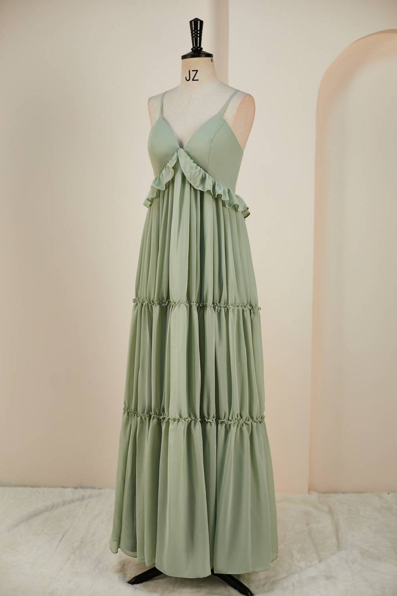 Dusty Sage Lace-Up Deep V Neck Ruffled Empire Long Prom Dress
