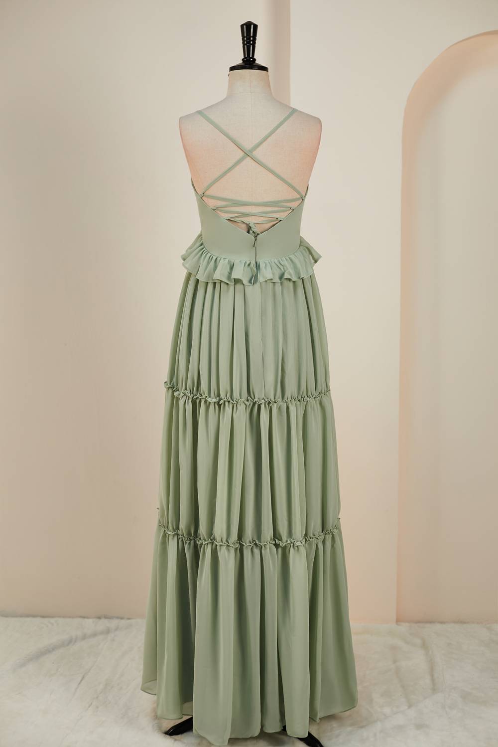 Dusty Sage Lace-Up Deep V Neck Ruffled Empire Long Prom Dress