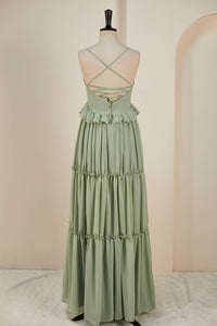 Dusty Sage Lace-Up Deep V Neck Ruffled Empire Long Prom Dress