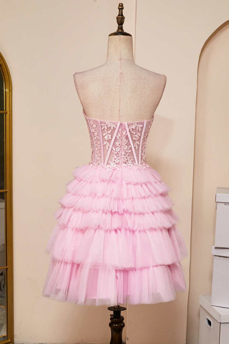 Pink Tulle Strapless A-line Multi-Layers Appliques Homecoming Dress