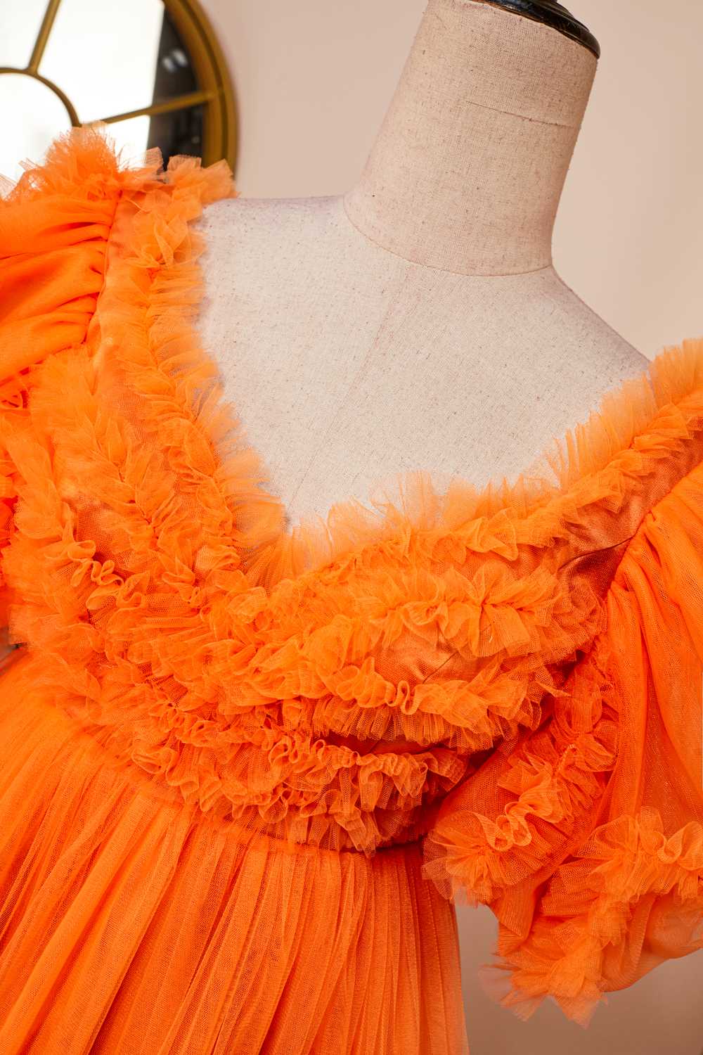 Orange A-line Ruffled Puff Sleeves Homecoming Dress