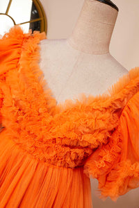 Orange A-line Ruffled Puff Sleeves Homecoming Dress
