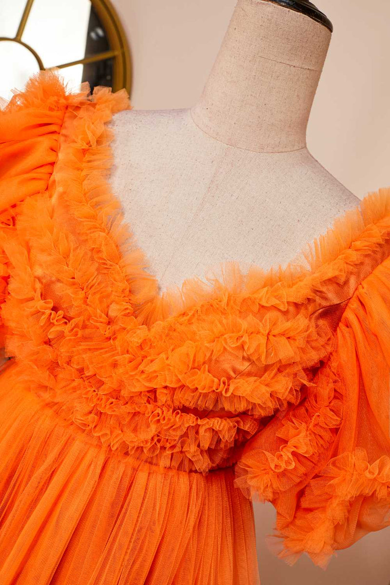 Orange A-line Ruffled Puff Sleeves Homecoming Dress