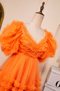 Orange A-line Ruffled Puff Sleeves Homecoming Dress