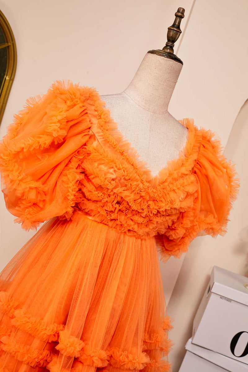 Orange A-line Ruffled Puff Sleeves Homecoming Dress