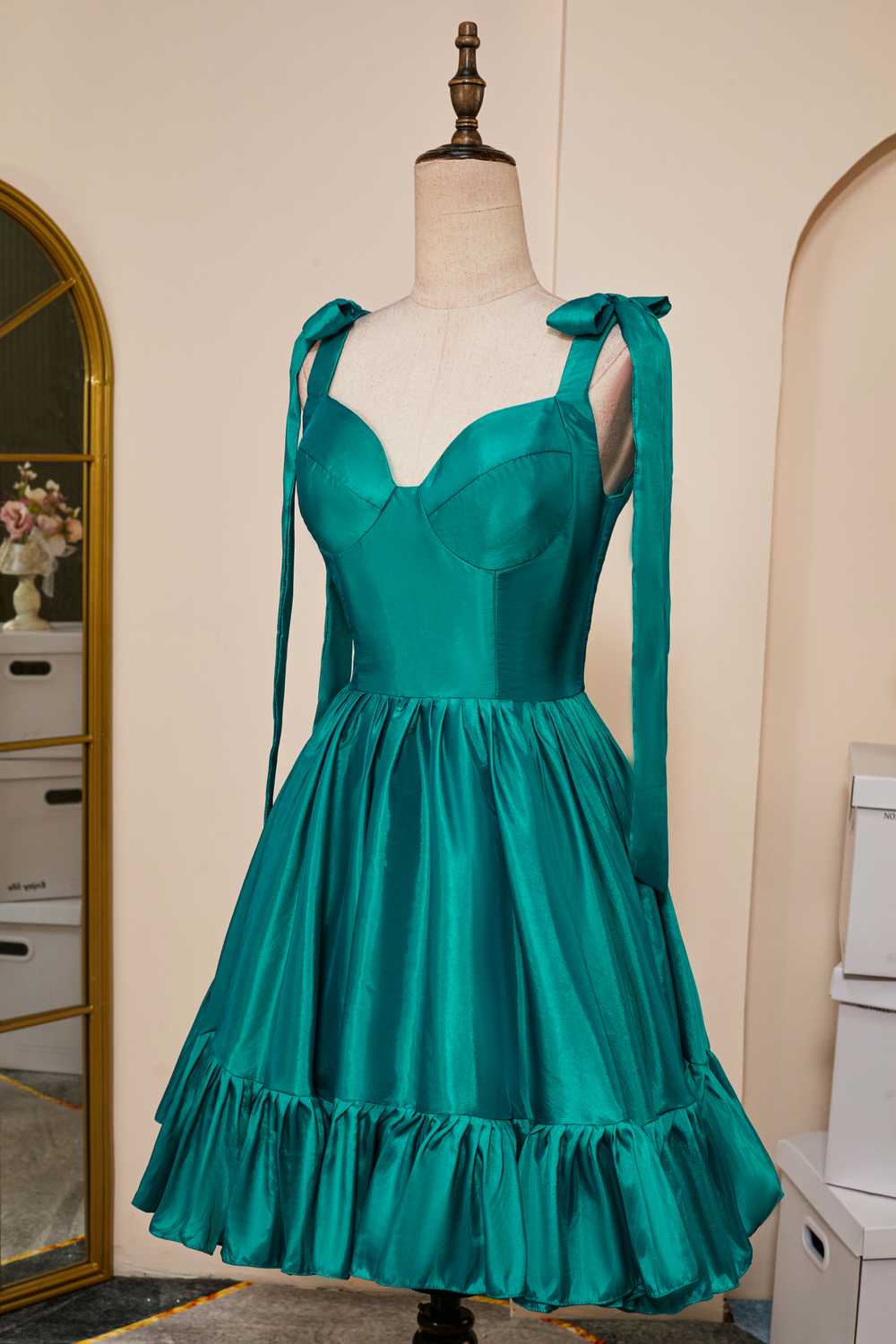 Hunter Green A-line Bow Tie Straps Ruffled Satin Homecoming Dress