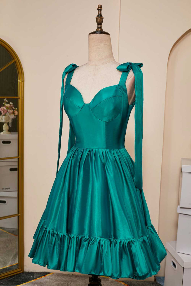 Hunter Green A-line Bow Tie Straps Ruffled Satin Homecoming Dress