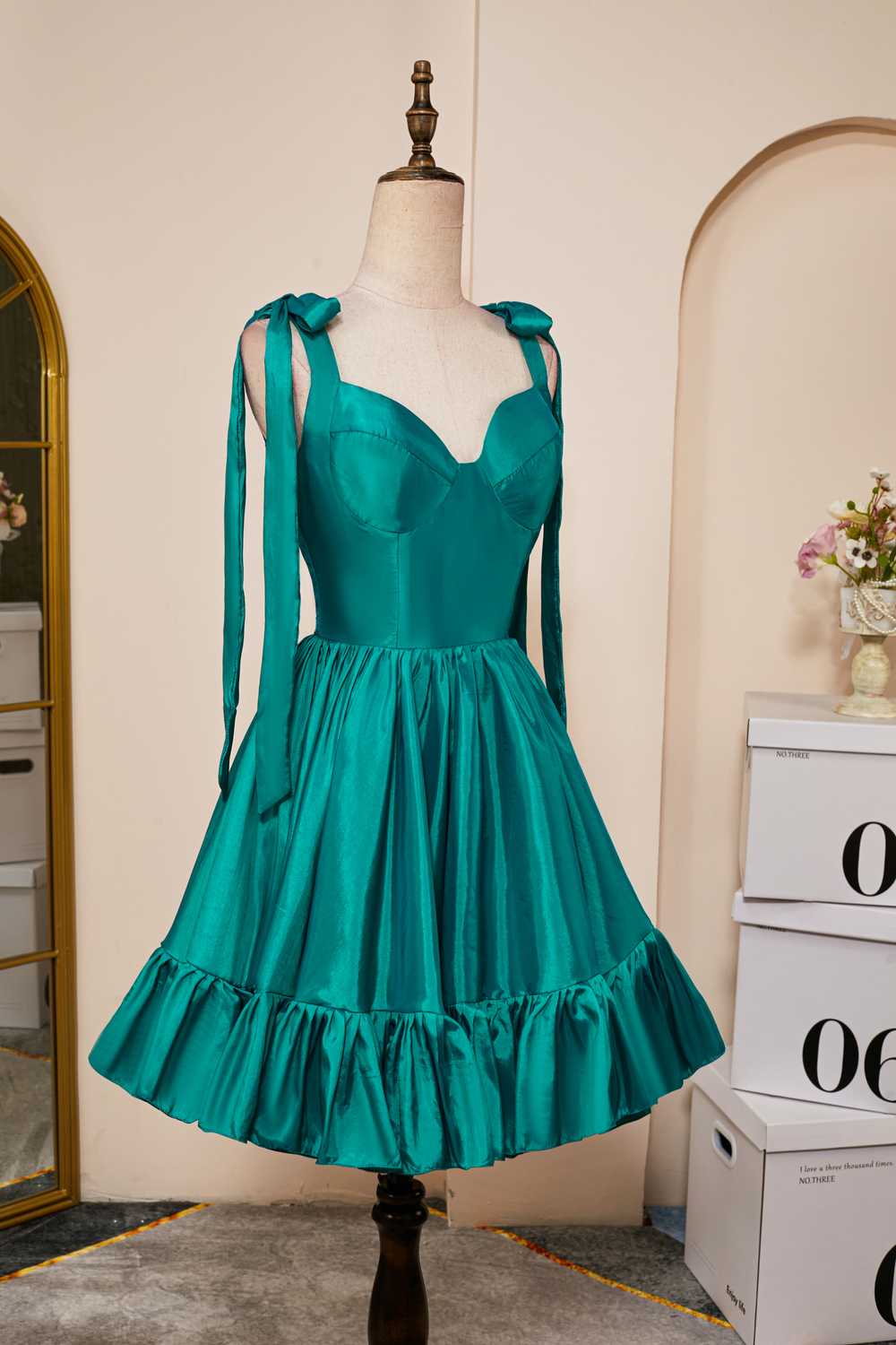 Hunter Green A-line Bow Tie Straps Ruffled Satin Homecoming Dress