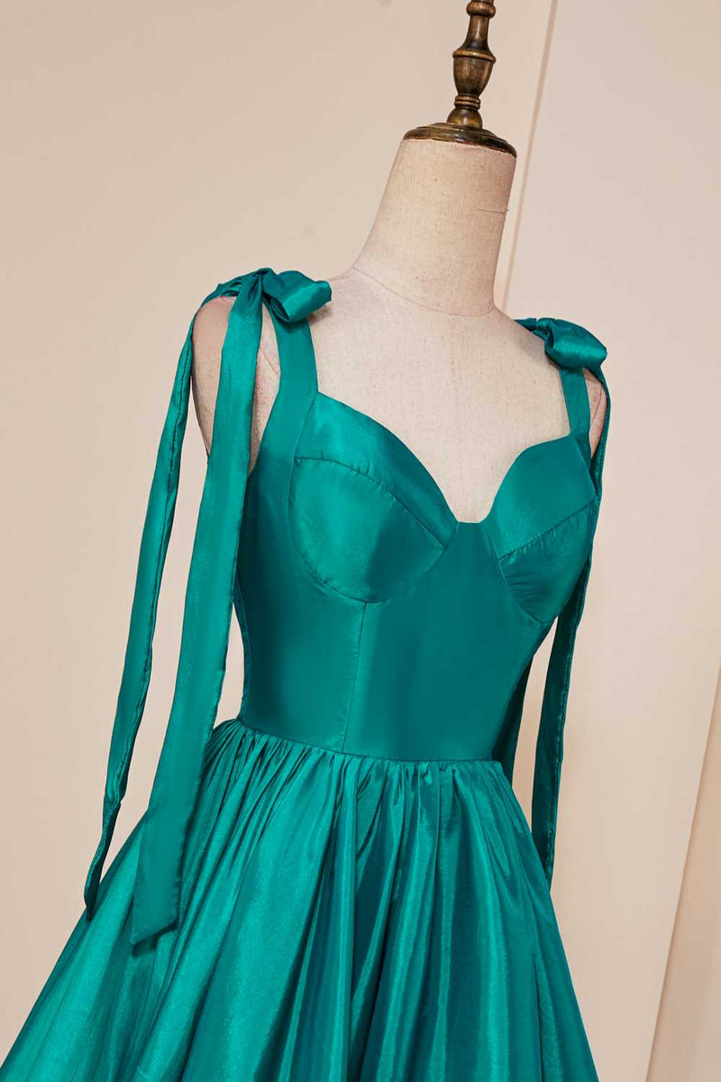 Hunter Green A-line Bow Tie Straps Ruffled Satin Homecoming Dress
