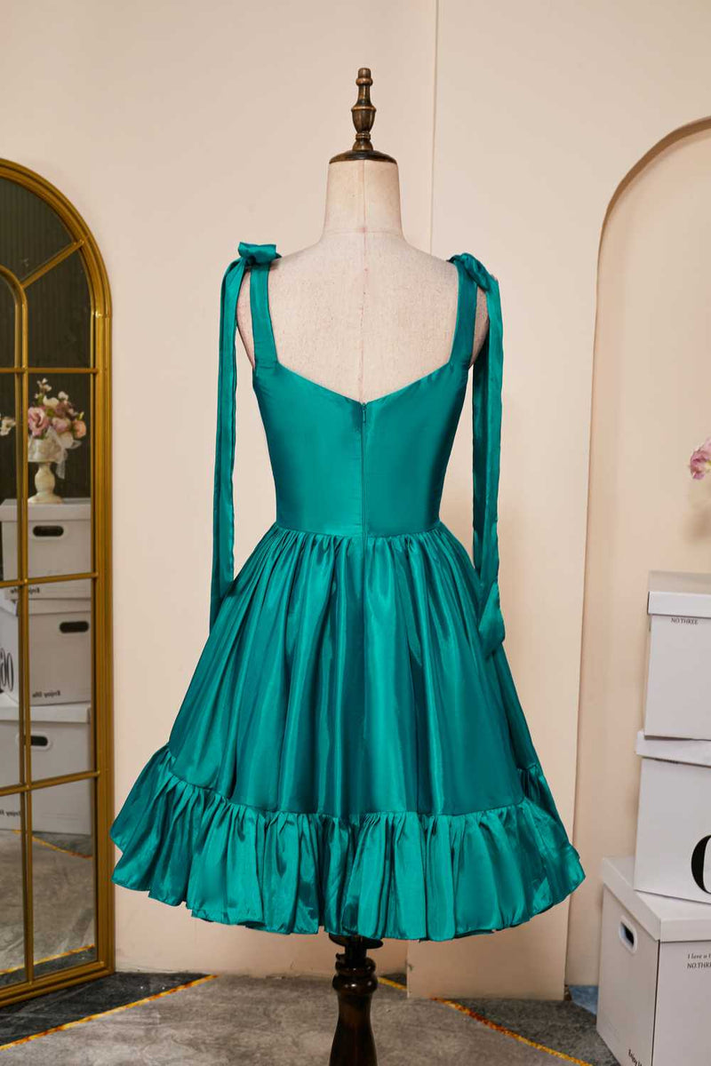 Hunter Green A-line Bow Tie Straps Ruffled Satin Homecoming Dress