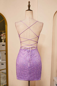 Lavender Lace-Up Sheath Sequins Homecoming Dress