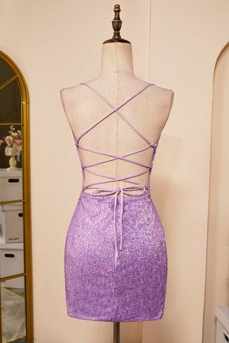 Lavender Lace-Up Sheath Sequins Homecoming Dress