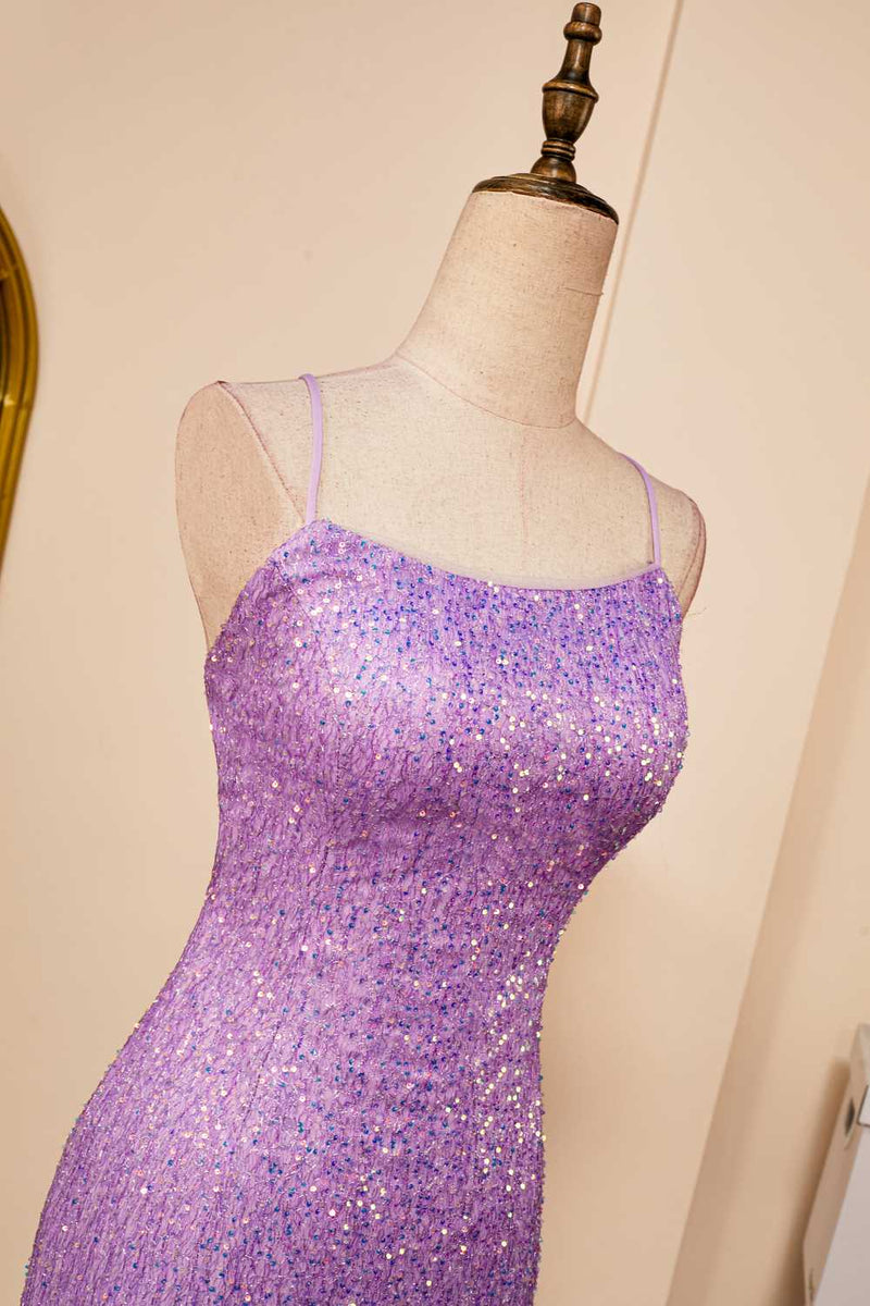 Lavender Lace-Up Sheath Sequins Homecoming Dress