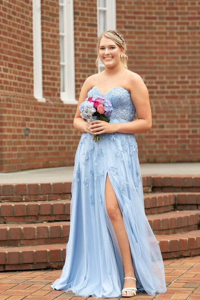 Blue Lace Appliques Tulle A-line Long Formal Dress