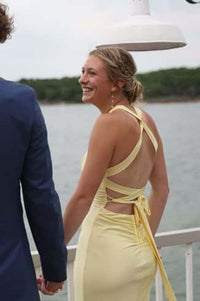 Yellow V Neck Satin Fitted Long Formal Dress