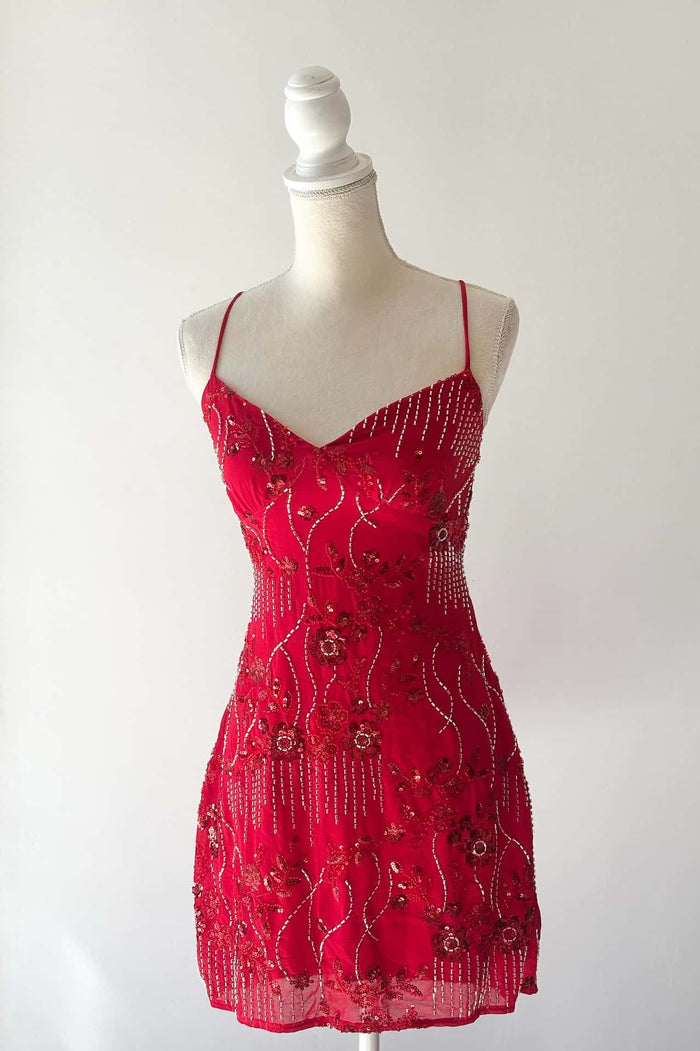 Straps Red Beaded Tight Mini Dress