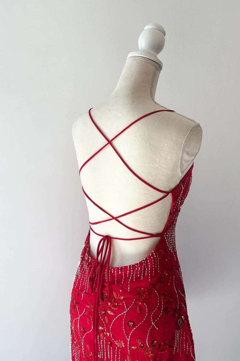 Straps Red Beaded Tight Mini Dress