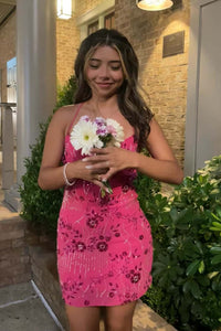 Straps Red Beaded Tight Mini Dress