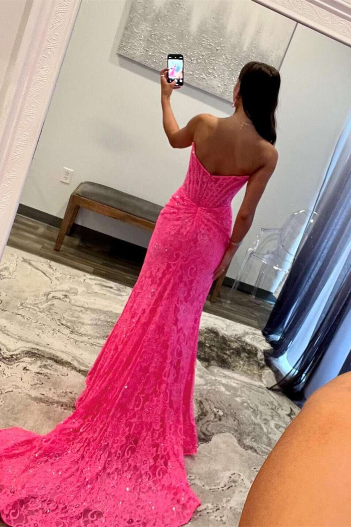 Bright Pink Strapless Lace Appliques Mermaid Prom Dress with Slit