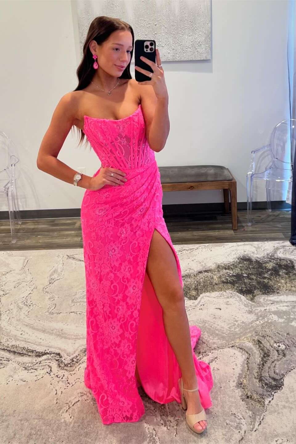 Bright Pink Strapless Lace Appliques Mermaid Prom Dress with Slit