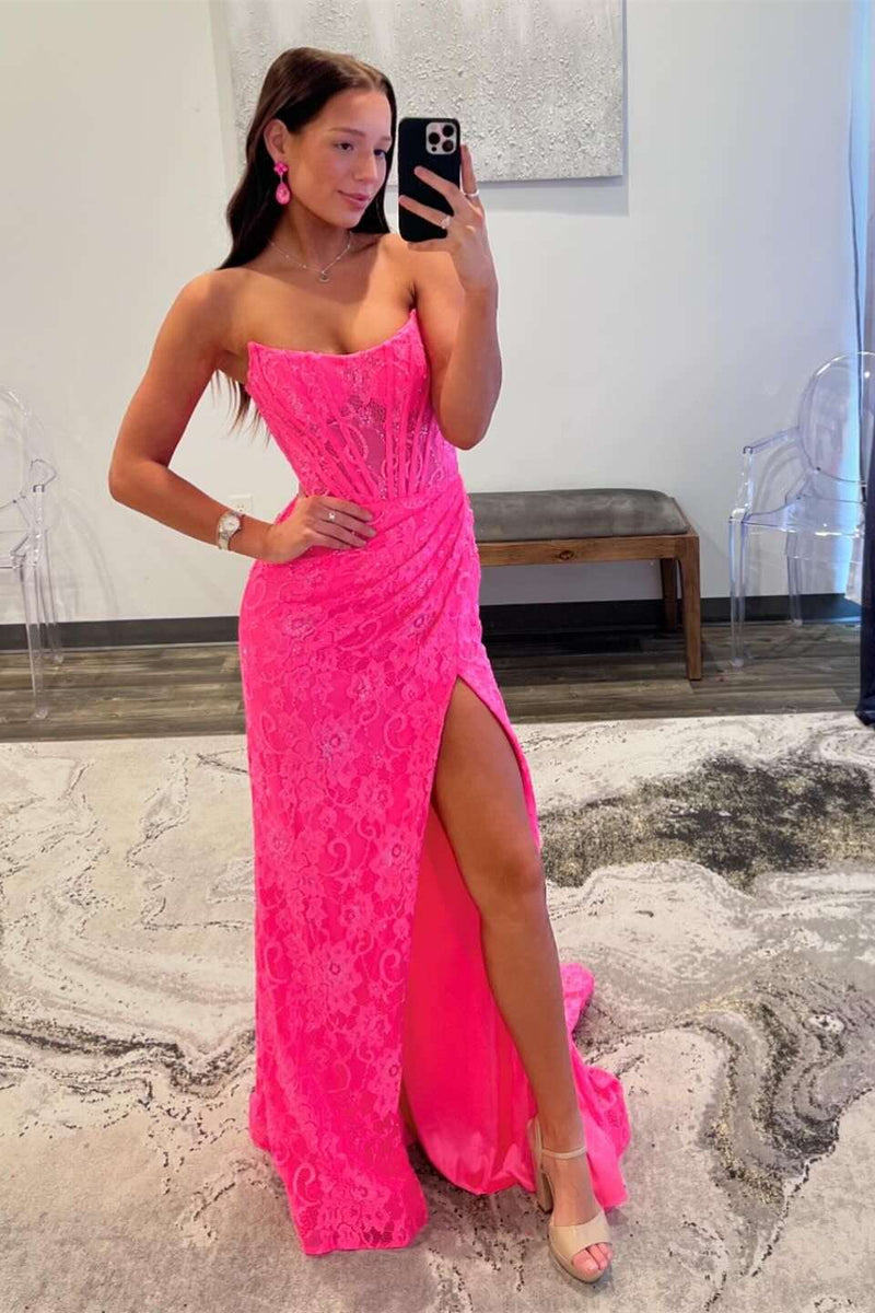Bright Pink Strapless Lace Appliques Mermaid Prom Dress with Slit