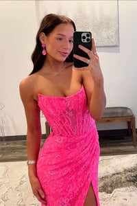 Bright Pink Strapless Lace Appliques Mermaid Prom Dress with Slit